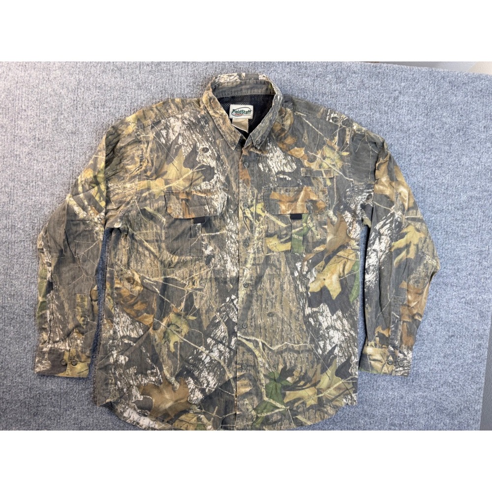 FieldStaff Mossy Oak Camo Shirt Mens Large L Brown Cotton Blend Hunting Tactical